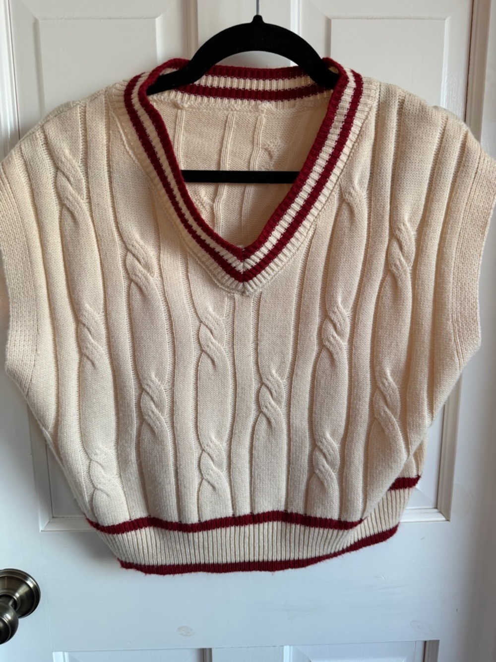 Cream Cable-Knit V-Neck Sweater Vest with Burgundy Stripe